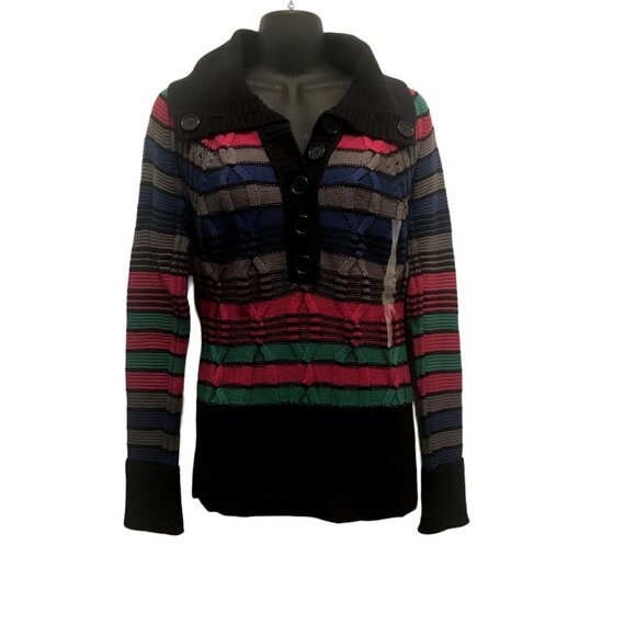 Vintage 1990s Y2K DKNY Jeans Pink Green Striped Long Sleeve Sweater Small S - Picture 2 of 8